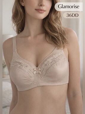 Glamorise Lace Full Coverage Bra 36DD Nude tan Support Comfort no underwire